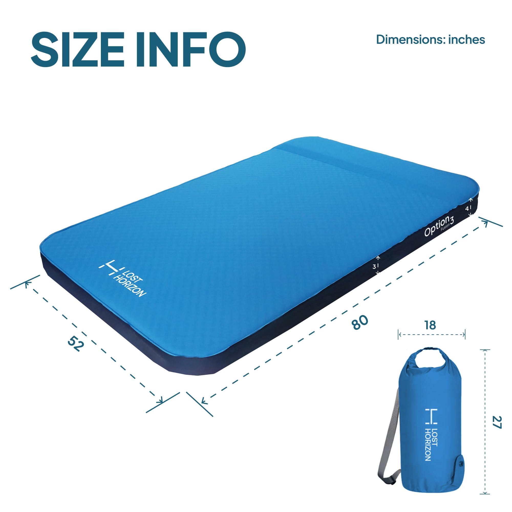 LOSTHORIZON Air & Foam Camping Mattress, Self-Inflating Sleeping Pad, 3" Thick, with Pump Sack, Full