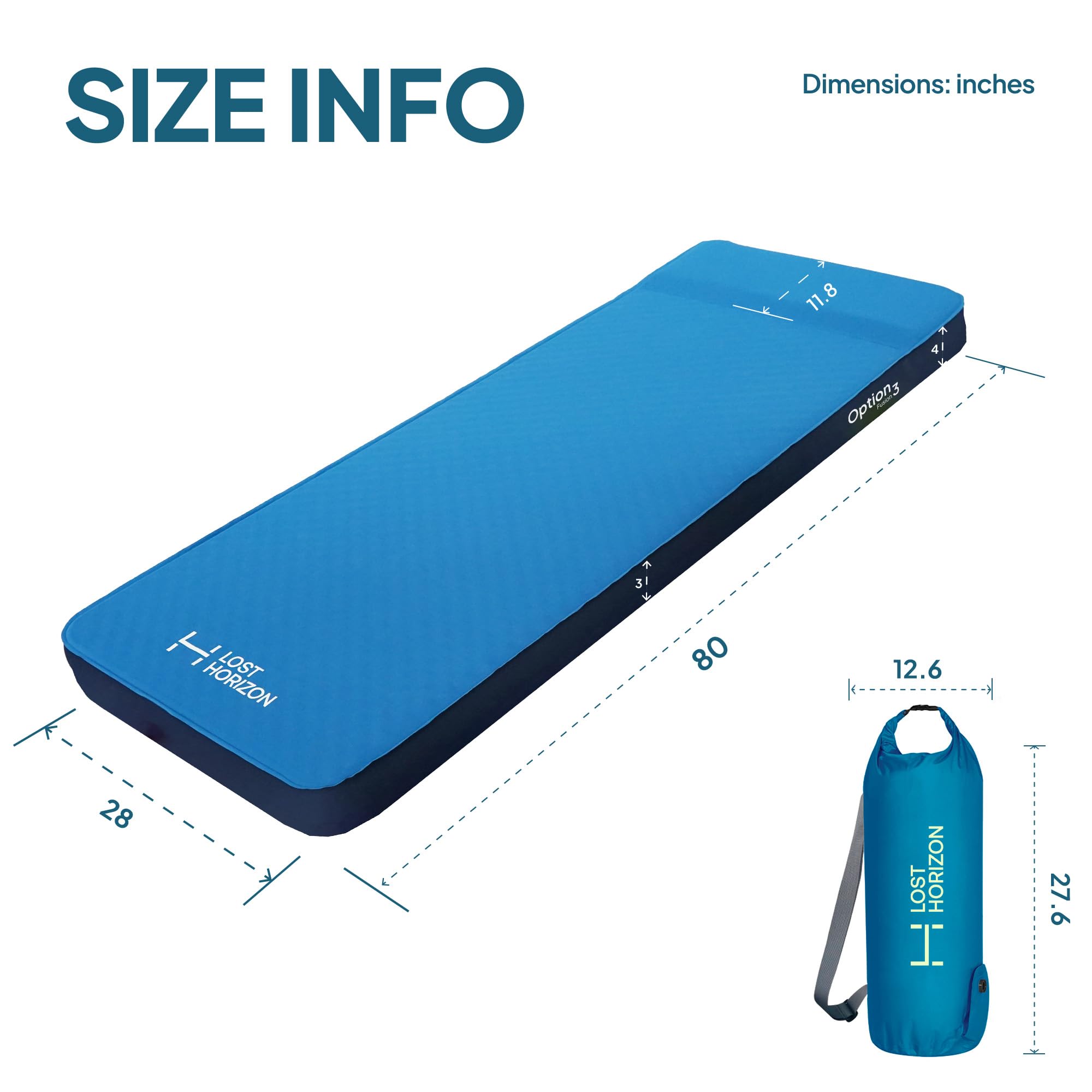LOSTHORIZON Air & Foam Camping Mattress, Self-Inflating Sleeping Pad, 3" Thick, with Pump Sack, Full