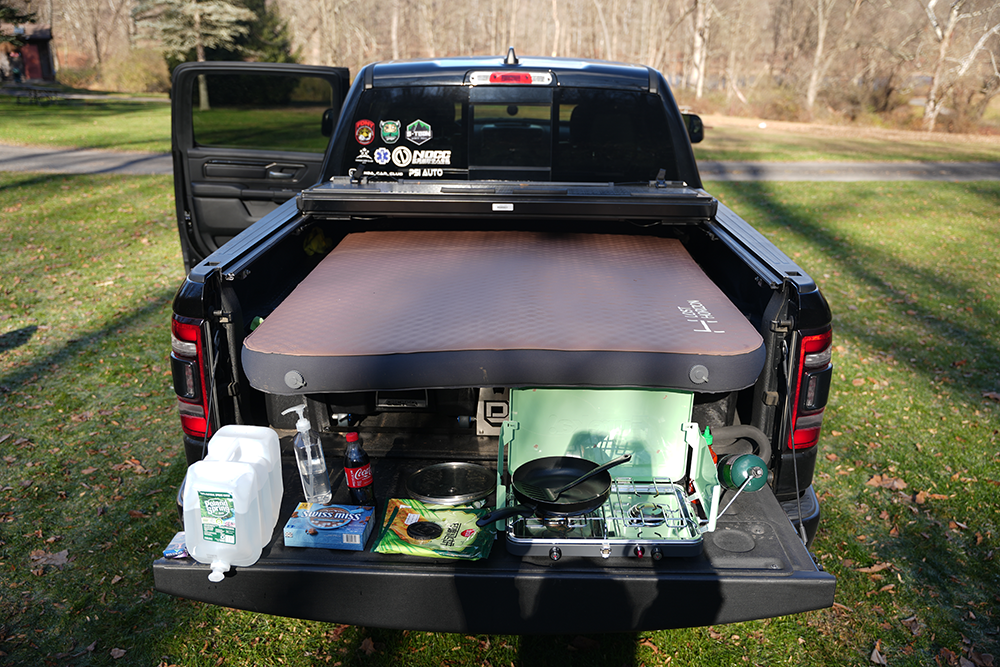 self-inflating camping mattress on a truck