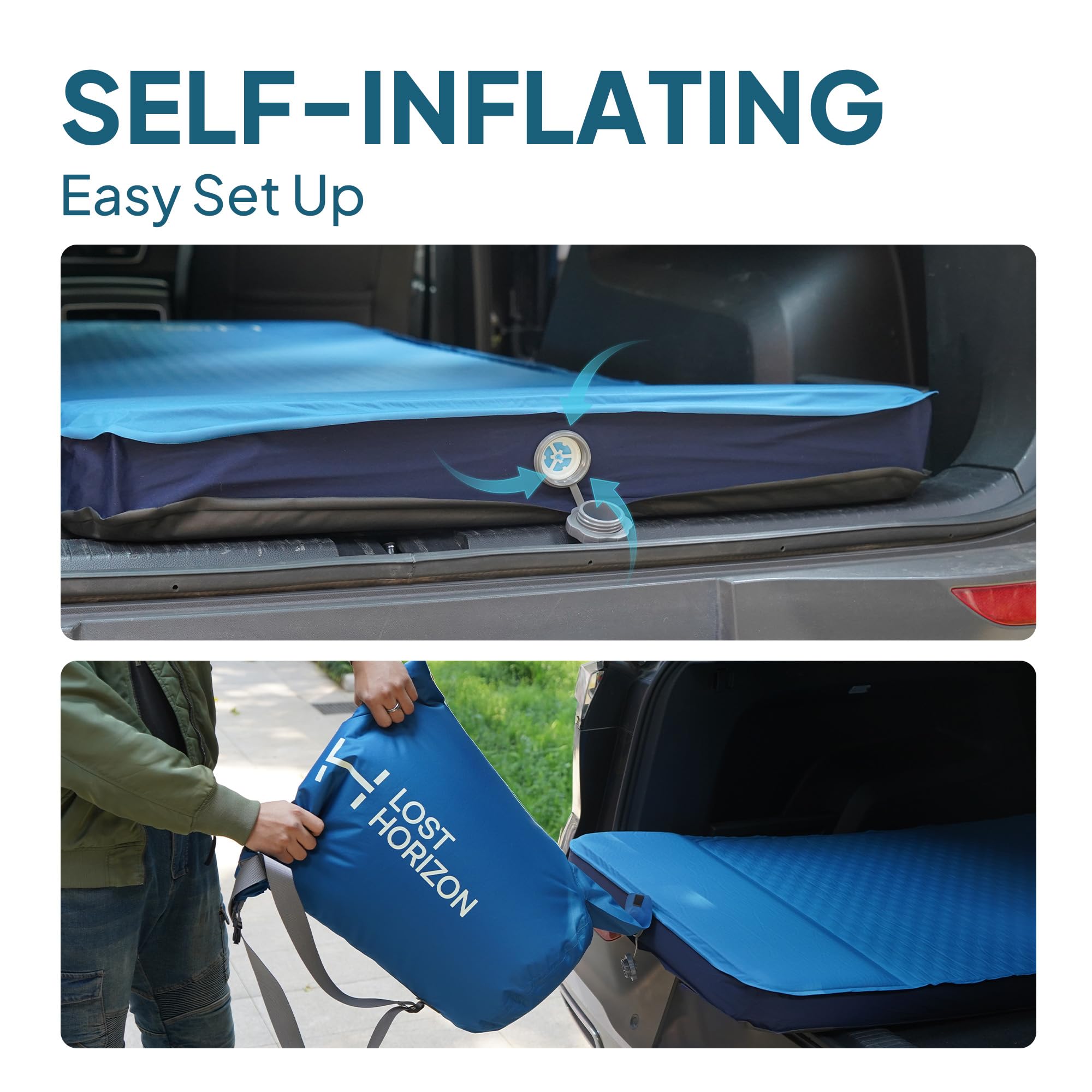 LOSTHORIZON Air & Foam Camping Mattress, Self-Inflating Sleeping Pad, 3" Thick, with Pump Sack, Full